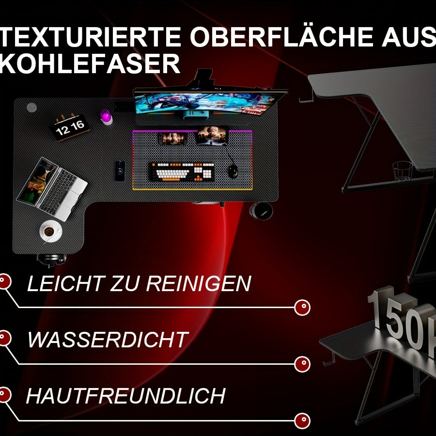 Gaming Tafel – Game Bureau – Werkplek Bureau – Gaming Desk – Computer Tafel – Zwart – Ergonomisch Design – Carbon Fiber Bovenblad – 150x90-40x75 cm – 150 kg Draagvermogen – Inclusief Controllerhouder & Koptelefoonhaak