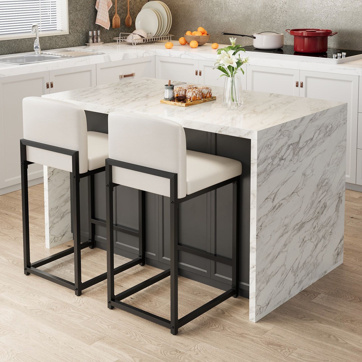 Counter Height Bar Stool | Upholstery Supportive Backrest, Sturdy Metal Legs, Ideal for Island, Dining Room, Living Room, Apartment
