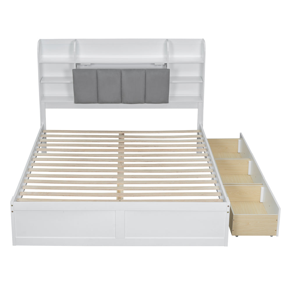 Bedframe – Tweepersoonsbed – Opbergbed – Met Lattenbodem – Metal Bed – Modern Design – 160x200 cm – Stevig Metalen Frame Met 3 Lade Opbergruimte & Liftdeksel