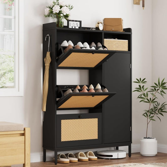 Schoenenkast – Schoenopberger – Schoenrek – Schoenmeubel – Schoenorganizer – Rattan 3-Ladenkast – Verstelbare Planken – Standaard Vrijstaand – MDF & Hout – Geen Montage Nodig