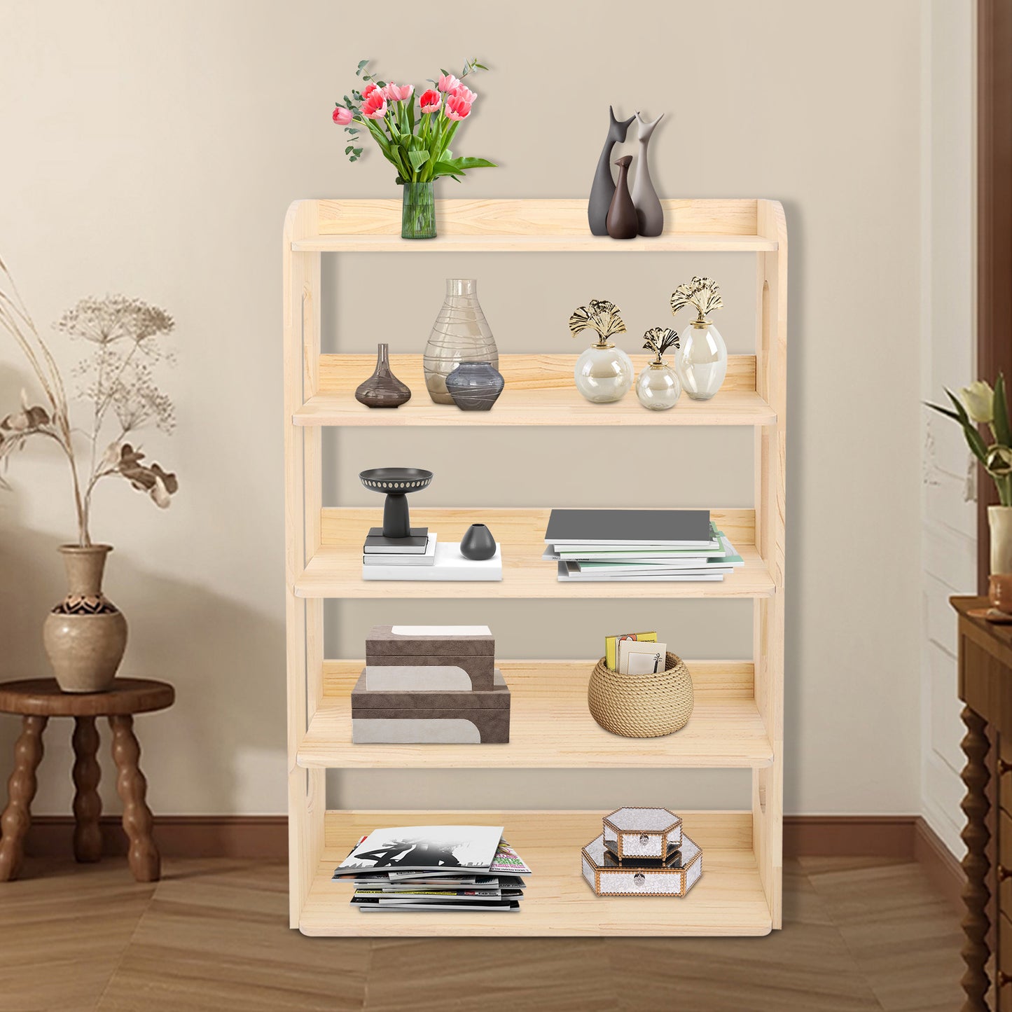 5-Tier Heavy-Duty Standing Bookshelf with Sturdy Metal-Reinforced Shelves - Natural Pine Wood Freestanding Storage Shelf, 68.58cm Tall Bookcase with 50Kg Capacity, Easy Assembly for Conference Room, Office, Storage Room - Mod
