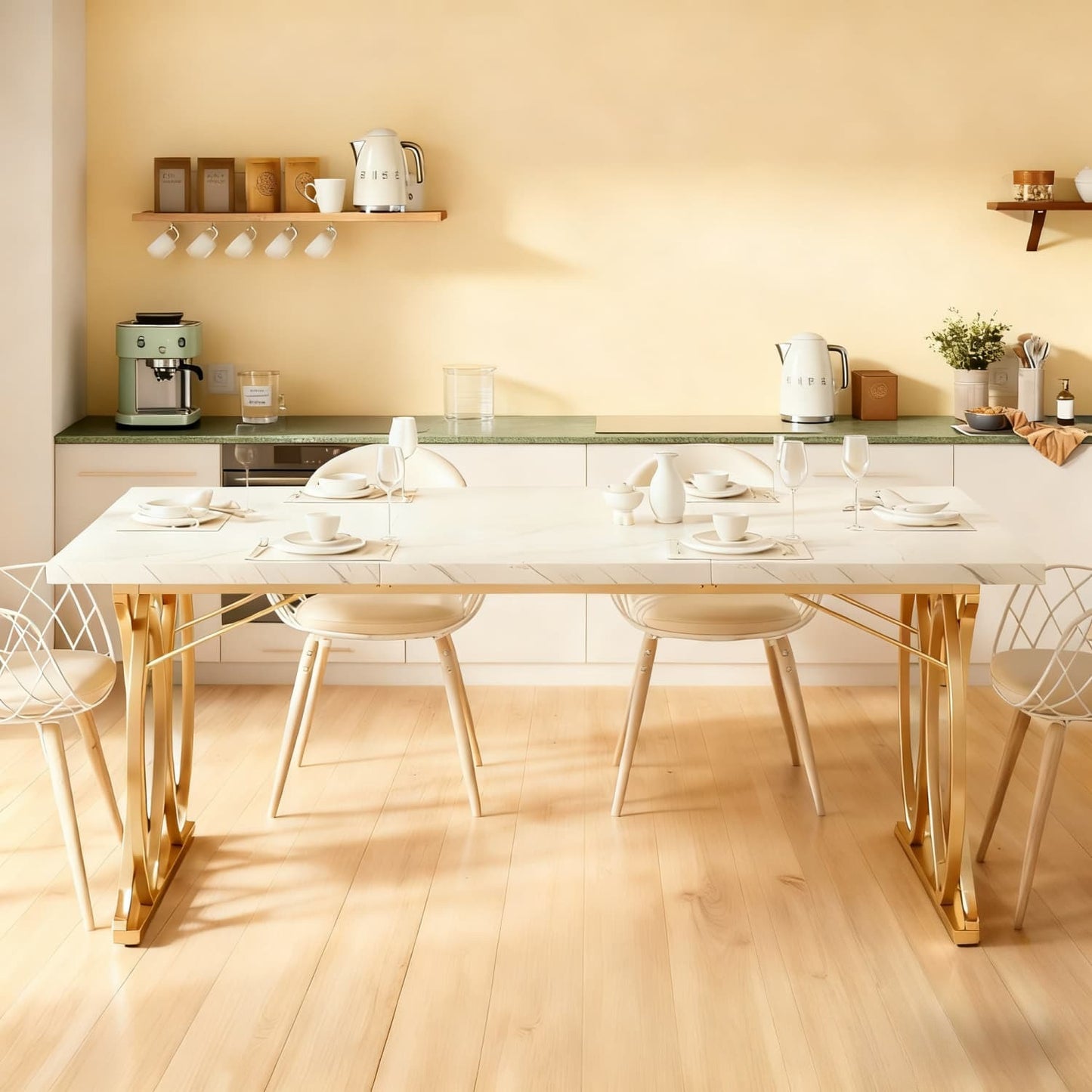 Eettafel – Tafel – Keukentafel – Dinertafel – Tafeltje – Rechthoekig – Wit Faux Marmeren Blad – Gouden Geometrische Poten – 160x80 cm – Geschikt voor 4-6 Personen