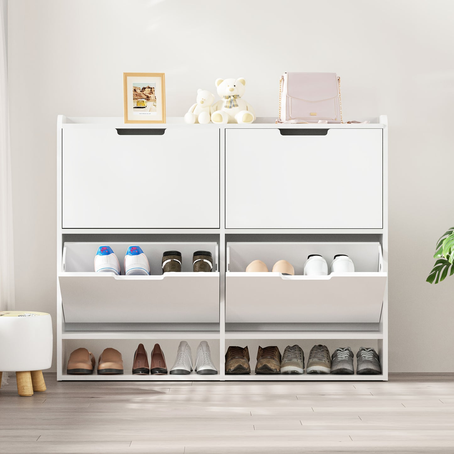 Schoenenkast – Schoenenopberger – Schoenenrek – Halmeubel – Schoenenkast Wit – 4 Lades – Flip-Top Ontwerp – MDF & Metaal – Ruimtebesparend – 16-24 Paar