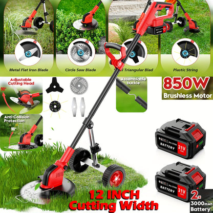 Draadloze Bosmaaier – Grasmaaier – Kantenmaaier – Struikkam – Trimmer – 850W Motor – 6000mAh Accu Met 2 Batterijen