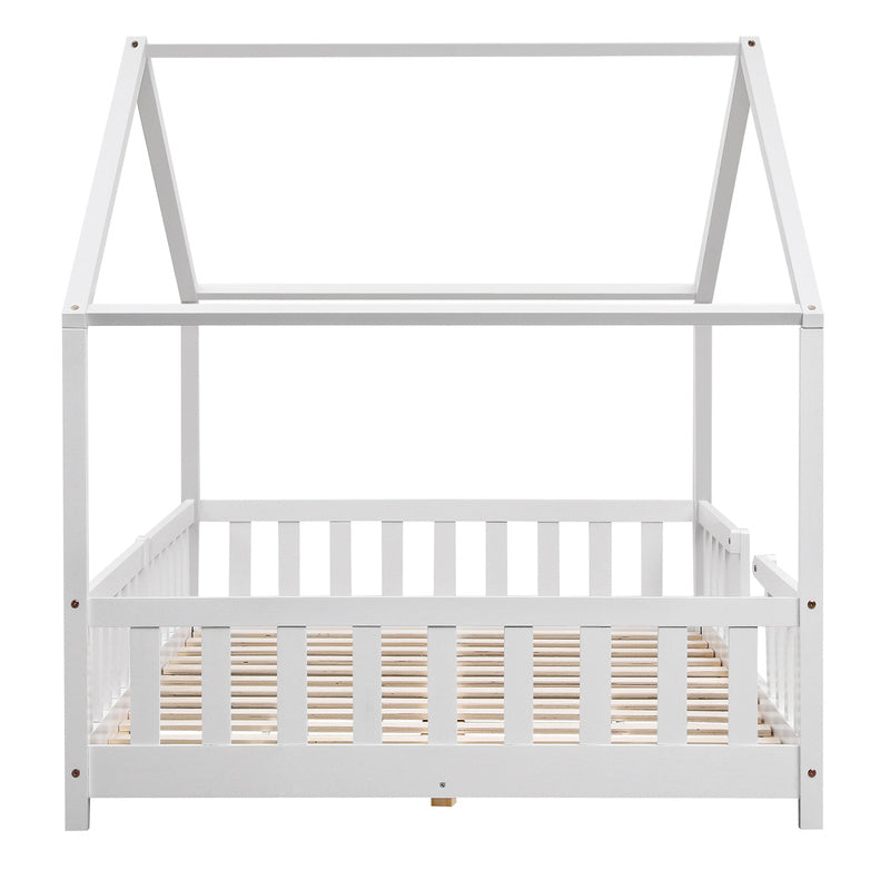 Kinderbed – Kinderbedje – Peuterbed – Bedje – Ledikant – Wit Huisvormig Design – Valbeveiliging – Massief Dennenhout – 80x160 cm