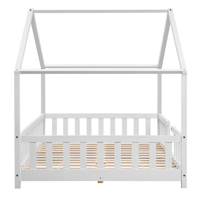 Kinderbed – Kinderbedje – Peuterbed – Bedje – Ledikant – Wit Huisvormig Design – Valbeveiliging – Massief Dennenhout – 80x160 cm