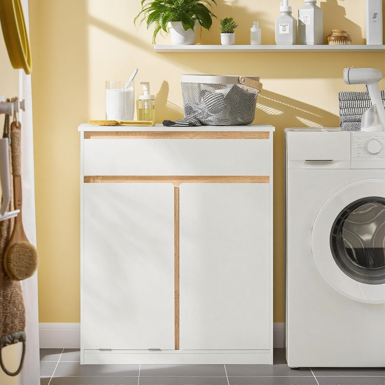Wasmandkast – Wasmand – Wasbox – Wassorteerder – Waszak – Opvouwbare Waszak – MDF & Rubberhout – Compact 71x85x33 cm