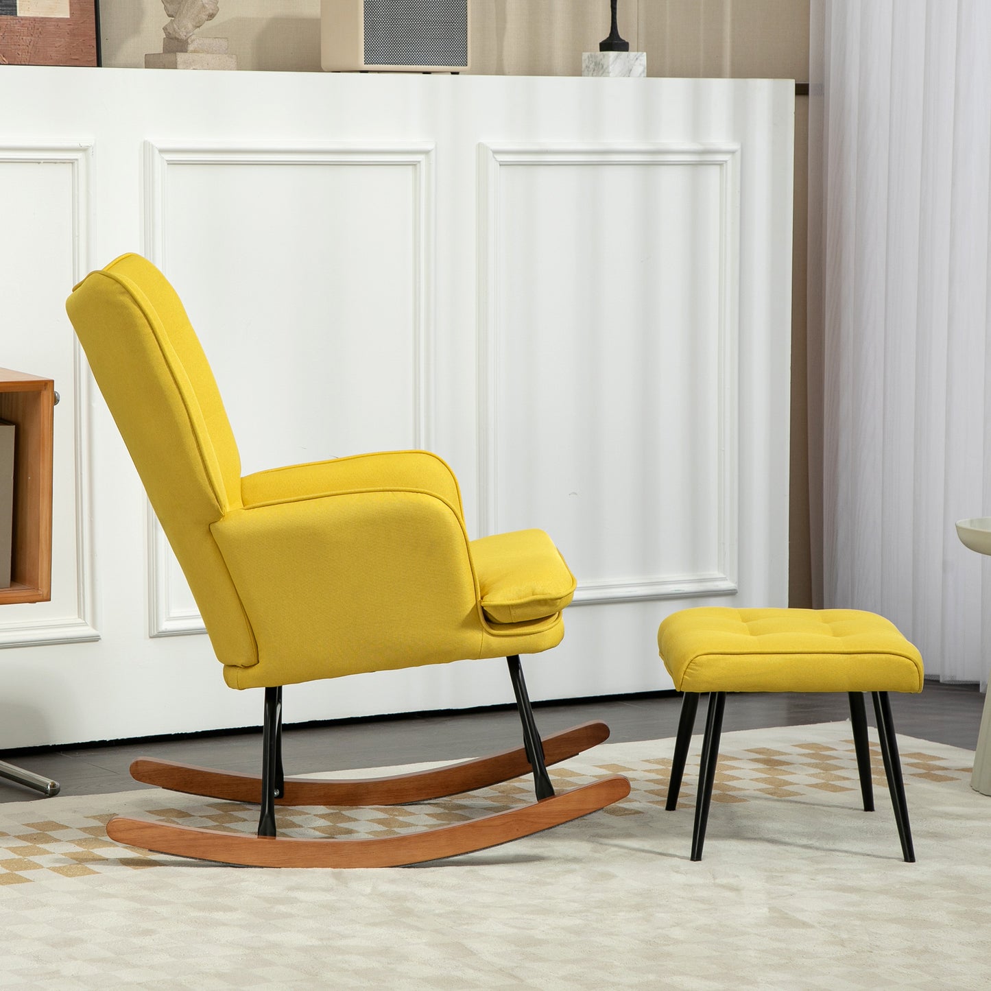 Draaifauteuil – Fauteuil – Relaxstoel – Stoel Met Voetenbankje – Loungefauteuil – Scandinavisch Design – Beukenhouten Frame – 360 Graden Draaibaar – Geel – 64x89x90 cm