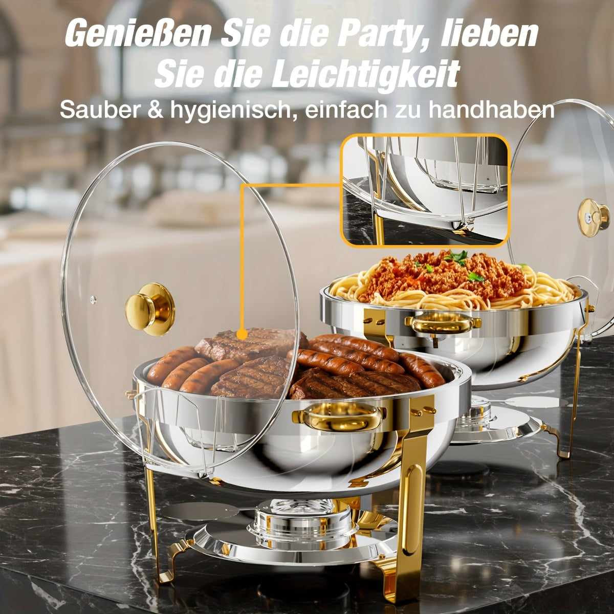 Chafing Dish – Buffetwarmer – Warmhoudschalen – Warmhoudbakken – Voedselverwarmer – 2-delig Ronde Set – 5 L Inhoud – Glasdeksel Met Houder – Roestvrij Staal 201