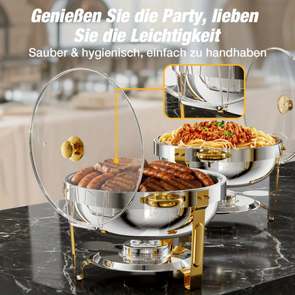 Chafing Dish – Buffetwarmer – Warmhoudschalen – Warmhoudbakken – Voedselverwarmer – 2-delig Ronde Set – 5 L Inhoud – Glasdeksel Met Houder – Roestvrij Staal 201