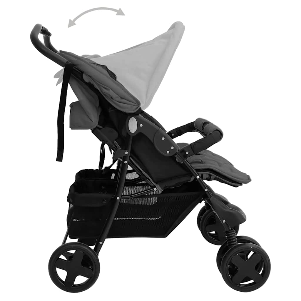 Tweelingwagen – Tweelingbuggy – Duo Kinderwagen – Duo Buggy – Tandem Kinderwagen – Stalen Frame – Verstelbare Zitposities – Donkergrijs