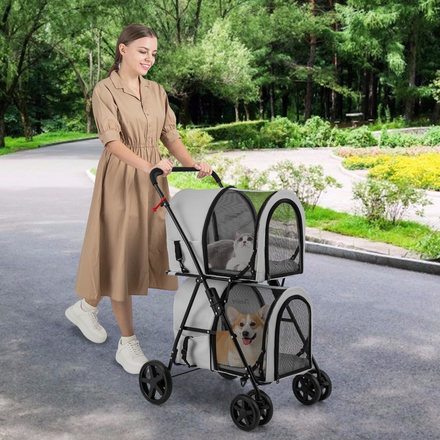 2-laagse Opvouwbare Diertrolley – Huisdier Buggy – Transportkar – Wandelwagen – Draagtas – Ruim 2-laags Ontwerp – Schokabsorberende EVA-Wielen – Grijs