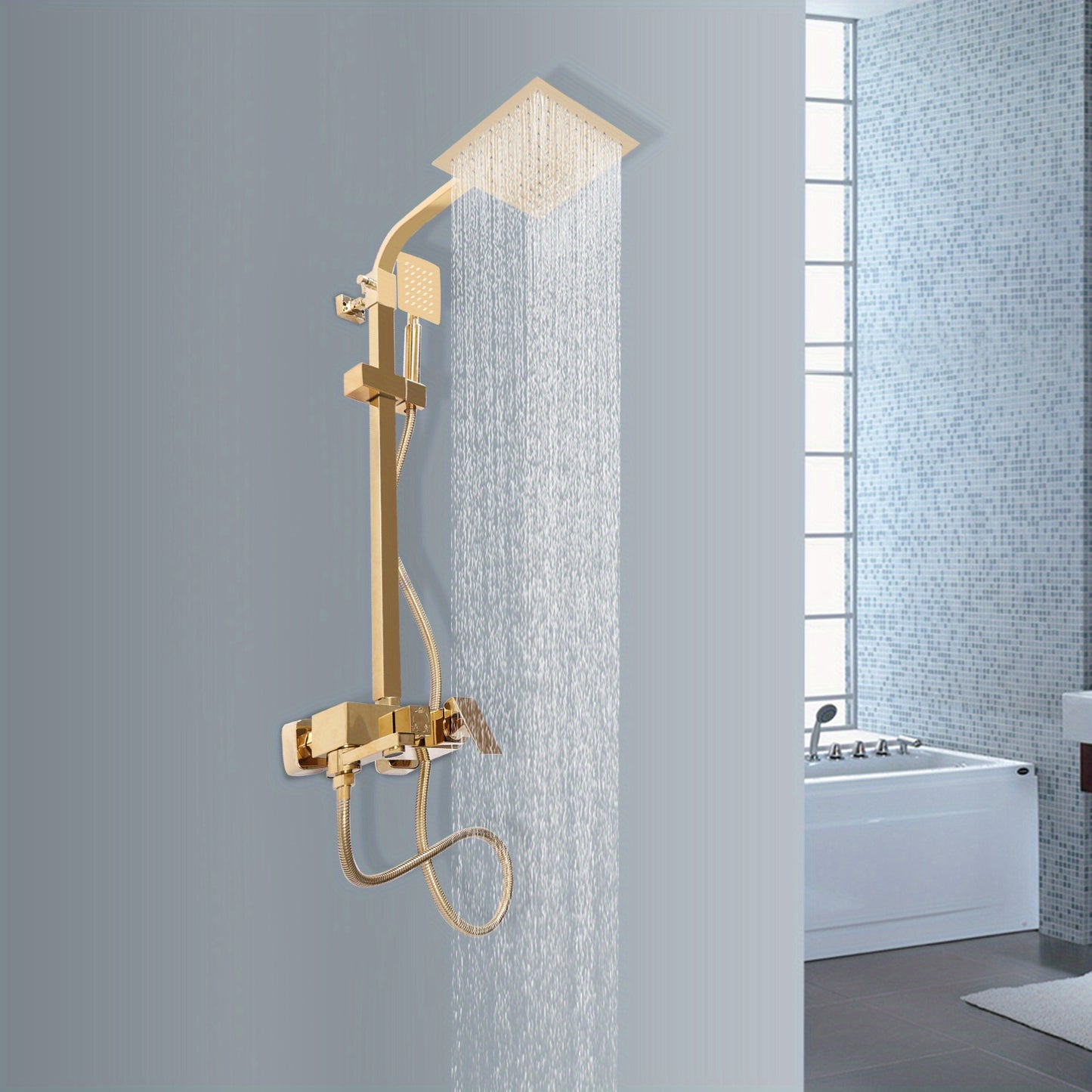 Regendouche – Douchekop – Doucheset – Handdouche – Shower Set – Goudkleurig Messing – 20 cm Rond – Instelbare Hoogte 70-120 cm