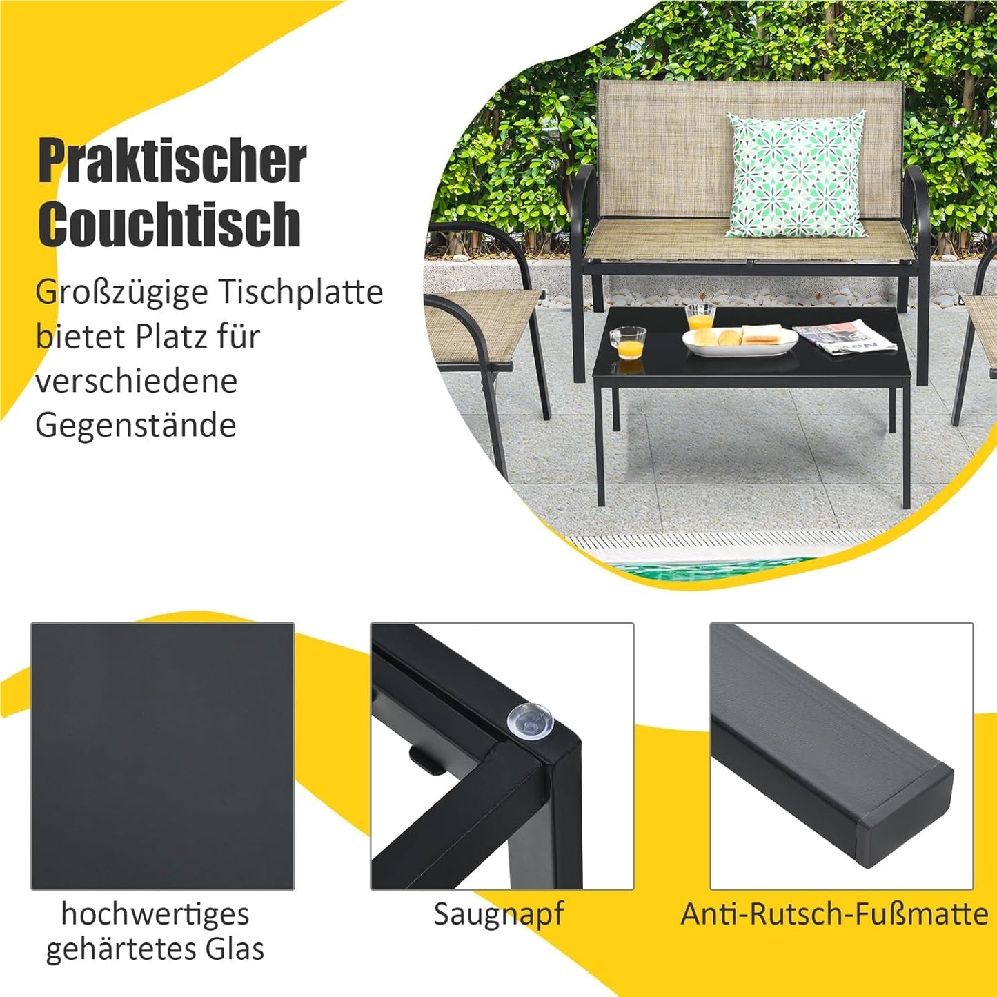 Tuinmeubelset 4-Delig – Tuinset – Loungeset – Balkonmeubilair – Terrasmeubilair – Weerbestendig Metaal – Met Glas – Bruin