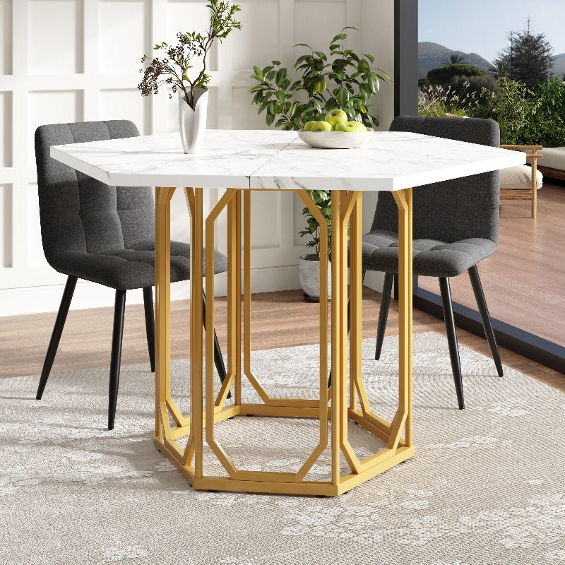 Hexagon Marble Table - White & Grey Veining Marble Top with Golden Metal Legs, Modern Retro Hexagonal Dining Desk, No Assembly Required, Marble Countertop Kitchen/Breakfast Table for Small Spaces, Durable Non-Wood Furniture