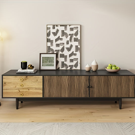 Modern TV Stand with Water Ripple Door Panels & 3-Drawer Storage - Low Profile Media Console, Wood-Free Assembly (Compatible with Wood Finishes), Space-Saving for Small Apartments, Black Furniture Cabinet for