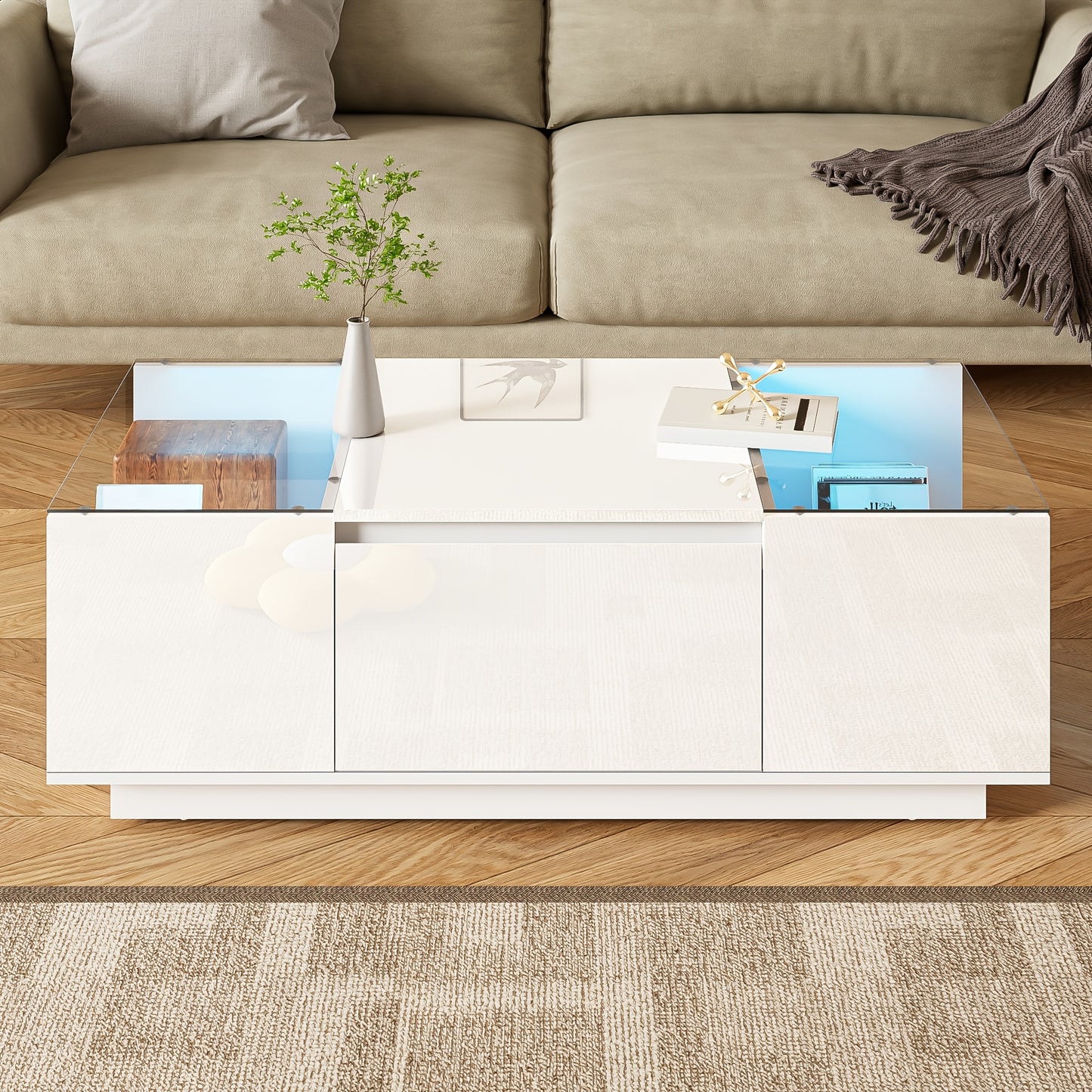 Salontafel – Koffietafel – Woonkamertafel – Bijzettafel – Wit – Glazen Blad – 2 Lades – Ruimtebesparend & Eenvoudige Montage
