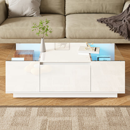 Salontafel – Koffietafel – Woonkamertafel – Bijzettafel – Wit – Glazen Blad – 2 Lades – Ruimtebesparend & Eenvoudige Montage