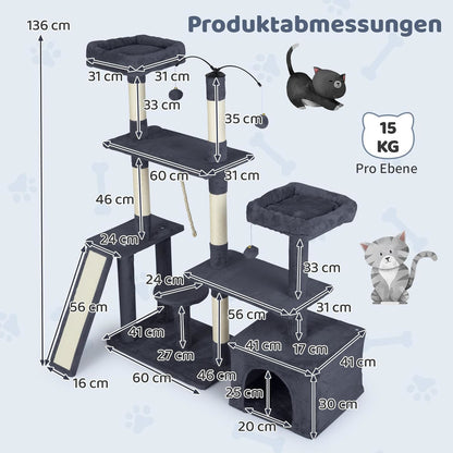Krabpaal – Kattenboom – Kattenklimpaal – Krabmeubel – Kattenhuis – 7 Niveaus – Plush Met Grip-palen