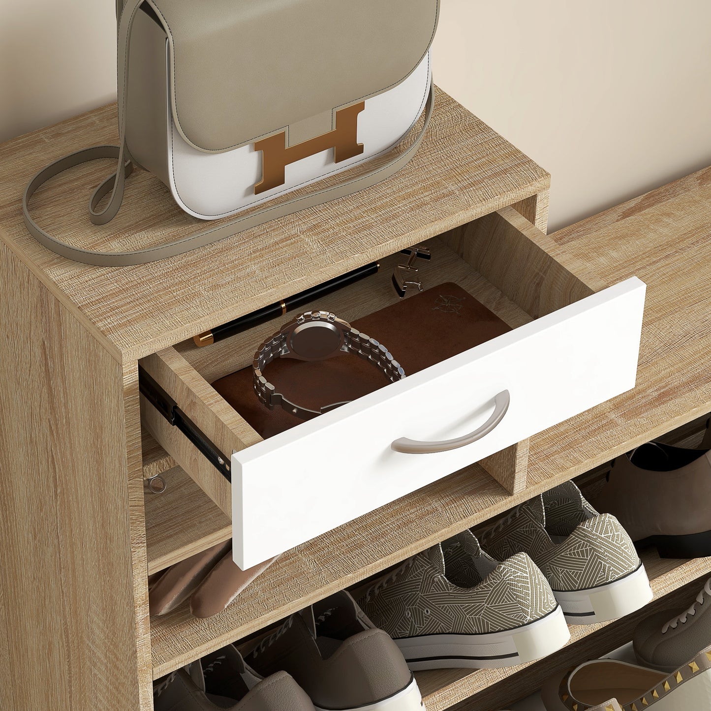 Halmeubel – Kapstok – Schoenenkast – Halbank – Garderoberek – 3-in-1 Multifunctioneel – Melamine Spaanplaat – 6 Haken & Spiegel – Natuurlijk Houtwit
