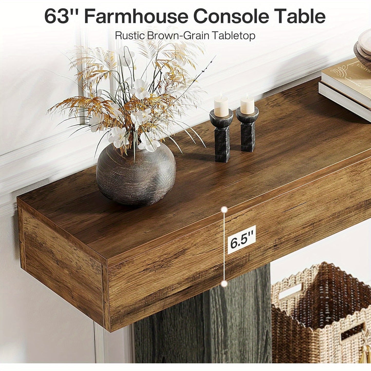 Extra Lang Farmhouse Sidetable – Console Tafel – Haltafel – Sofa Tafel – Foyer Tafel – Vintage Bruin & Grijs – Twee Tier Opbergplank – Stevige U-Vormige Basis