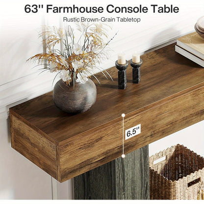Extra Lang Farmhouse Sidetable – Console Tafel – Haltafel – Sofa Tafel – Foyer Tafel – Vintage Bruin & Grijs – Twee Tier Opbergplank – Stevige U-Vormige Basis