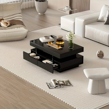 Modern Coffee Table with High-Gloss Black Finish - Large Living Room Center Table, 4 Drawers (Front & Back), Spacious Storage, Easy Assembly, for Living Room, Home Office, or Entertainment Spaces - Durable Furniture, Coffee T