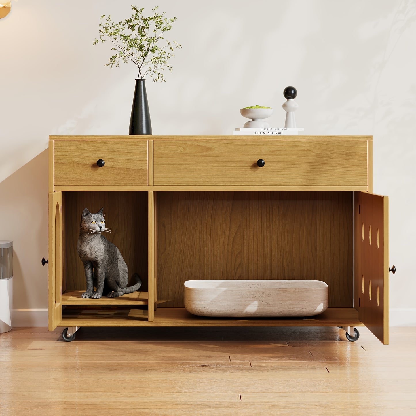 Bijzettafel Kat – Kattentafel – Dierenmeubel – Opbergmeubel – Rattan Tafeltje Bruin – Uitneembare Kattenbaklade – Compact Voor Kleine Ruimtes