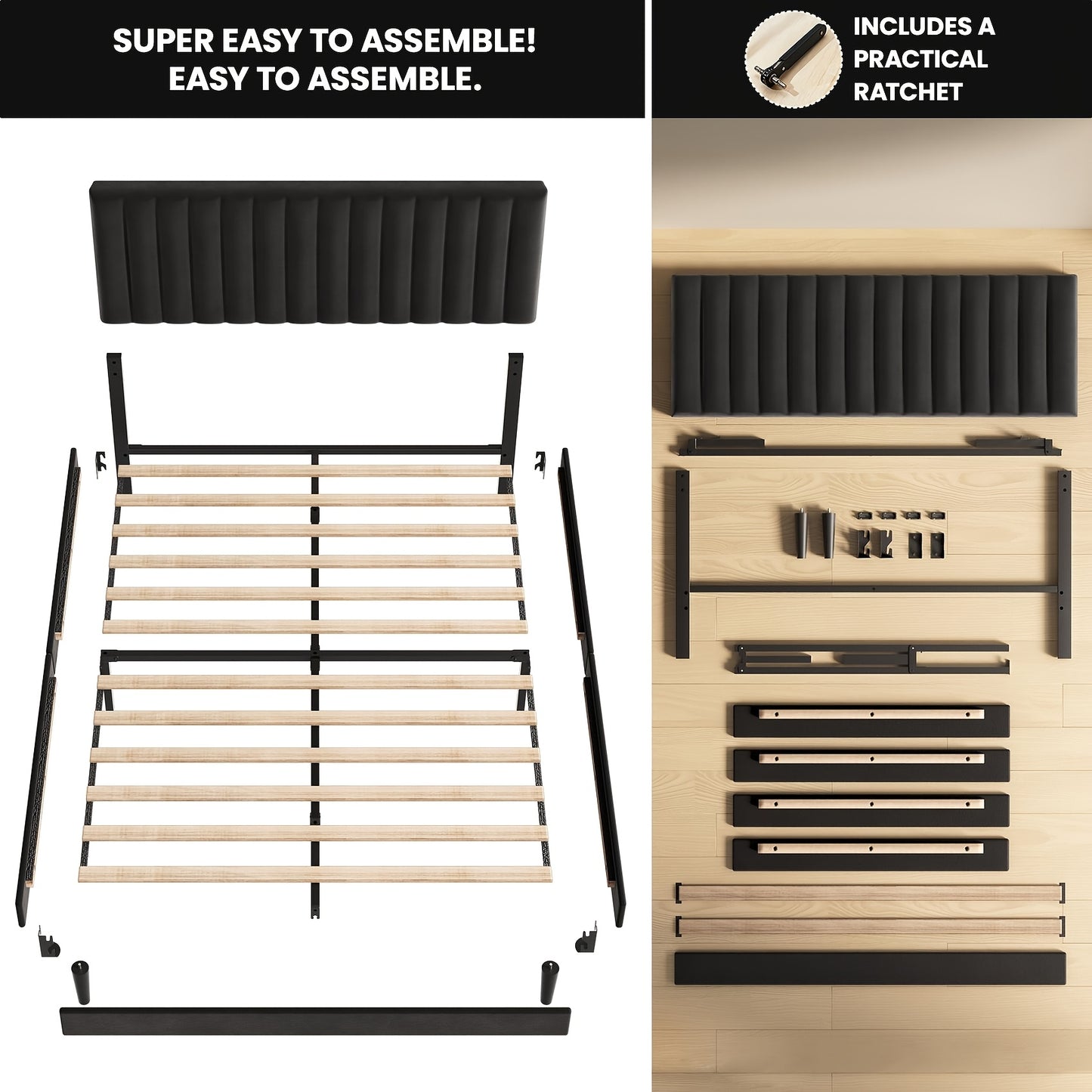 Bedframe – Gestoffeerd Bed – Tweepersoonsbed – Metalen Bed – Lattenbodem – Verstelbaar Hoofdbord – Stabiel Tot 480 kg – Zwart