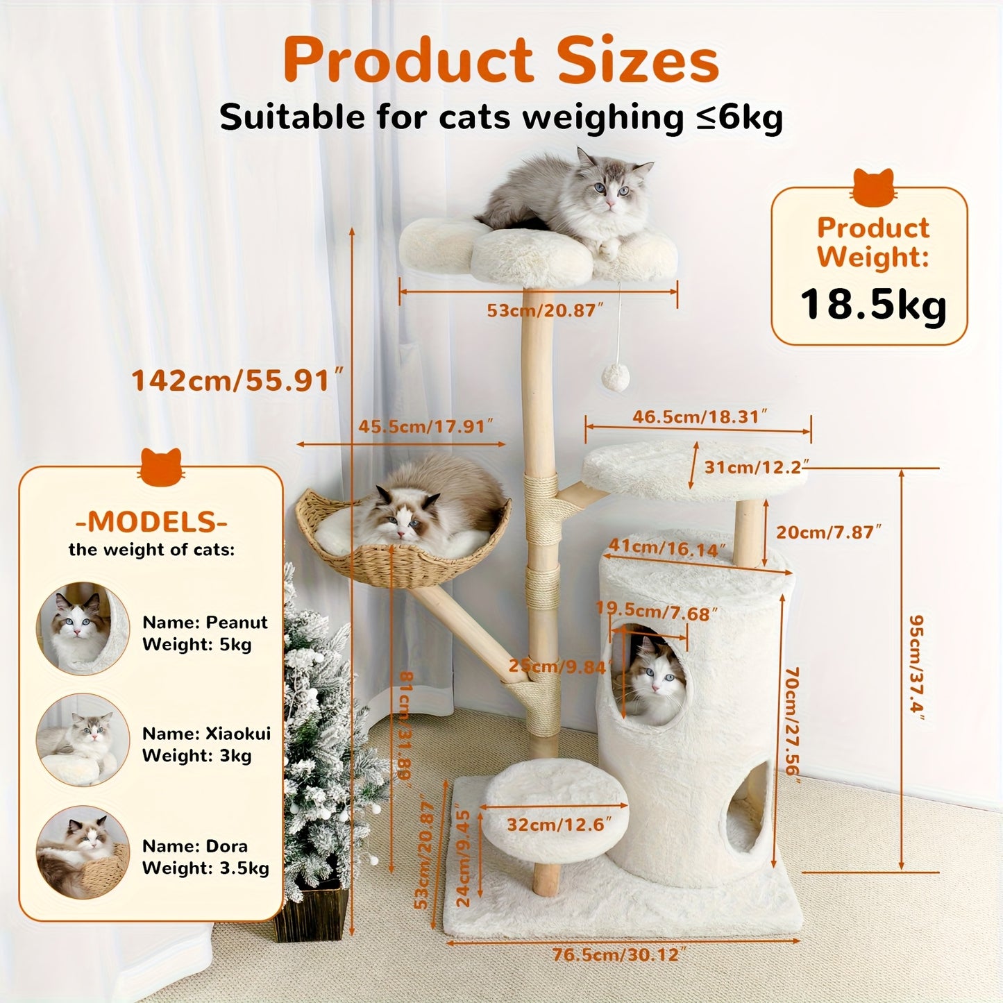 Kattenkrabpaal – Krabmeubel – Kattenboom – Krabtoren – Kattenhuis – 142 cm Hoog – Stevig Hout En Soft-Touch Textiel