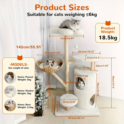 Kattenkrabpaal – Krabmeubel – Kattenboom – Krabtoren – Kattenhuis – 142 cm Hoog – Stevig Hout En Soft-Touch Textiel