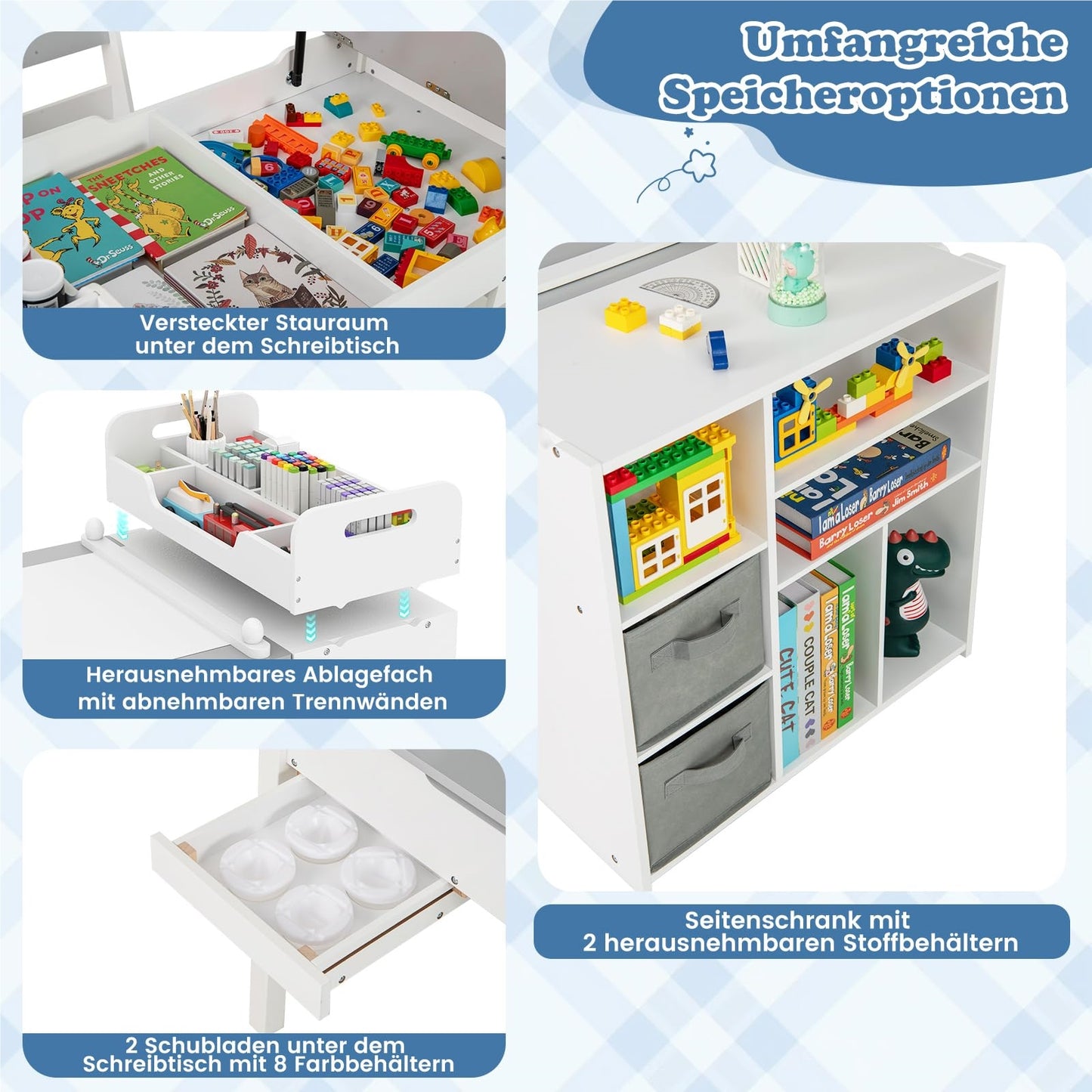 kinderbureau – kindertafel – speeltafel – tekentafel – knutseltafel – 3-in-1 opklapbaar tafelblad – stevig dennenhout met ruime opbergruimte
