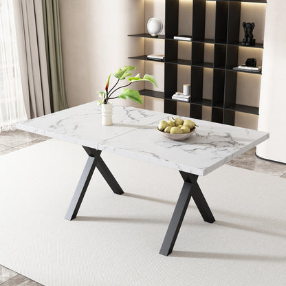 Uitbreekbare Eettafel – Uitklapbare Tafel – Verlengbare Tafel – Woonkamer Tafel – Keuken Tafel – Marmerlook Blad – Zwarte Metalen Poten – 140x80x76 cm – Wit MDF