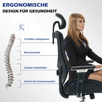 Ergonomische Bureaustoel – Kantoorstoel – Bureaustoel Voor Lange Mensen – Werkstoel – Draaistoel – 4D Verstelbare Armleuningen – Ademend Mesh Rugleuning – Lendensteun & Hoofdbestand – Kantelbaar 120° – Verstelbare Hoogte – Zwarte Metalen Basis
