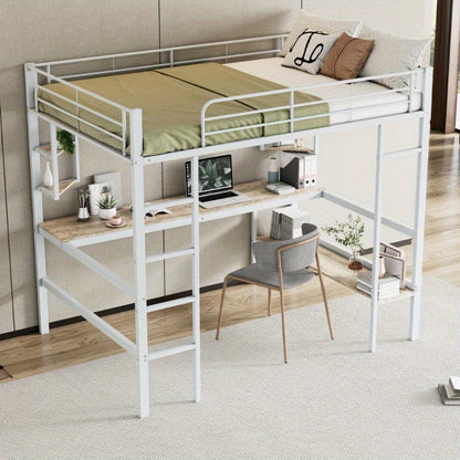 Hoogslaper 140x200 – Stalen Bedframe – Metaalbed – Kinderbed – Tienerbed – Wit Frame – Ingebouwd Bureau & Grote Boekenkast – 4 Kleine Plankjes