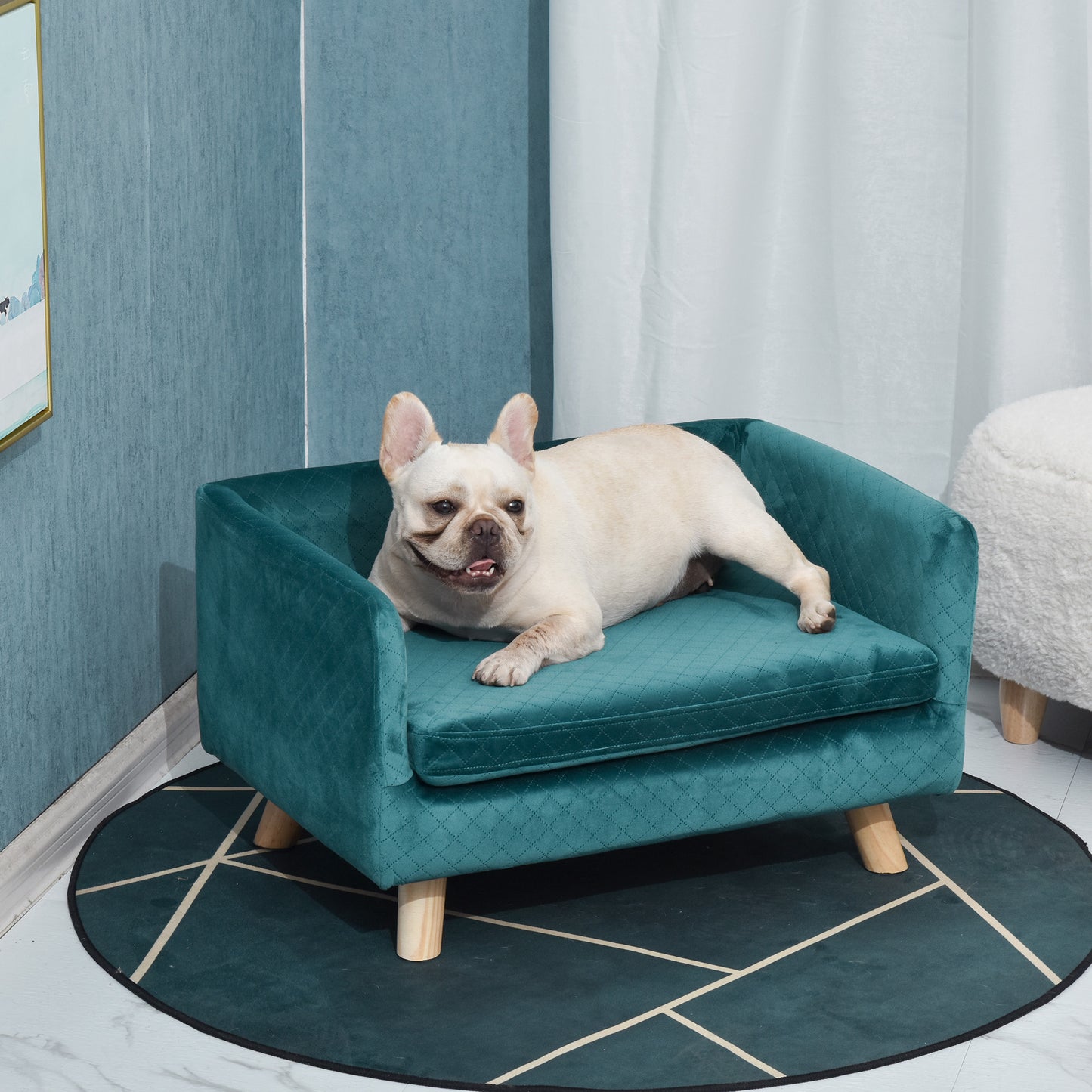 Hondenbed – Dogbed – Huisdierbed – Ligbed – Rustplek – Blauw Velvet – Scandinavisch Design – Zachte Katoenen Kussenlaag – Stevige Houten Poten – 64x45x36 cm