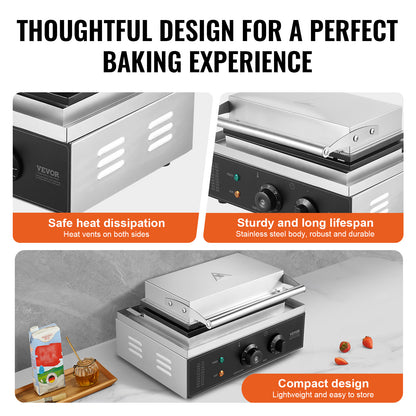 Wafelijzer – Wafelmaker – Wafelapparaat – Wafelmachine – Wafelpaneel – 10 Rechthoekige Wafels – 1550W Roestvrij Staal
