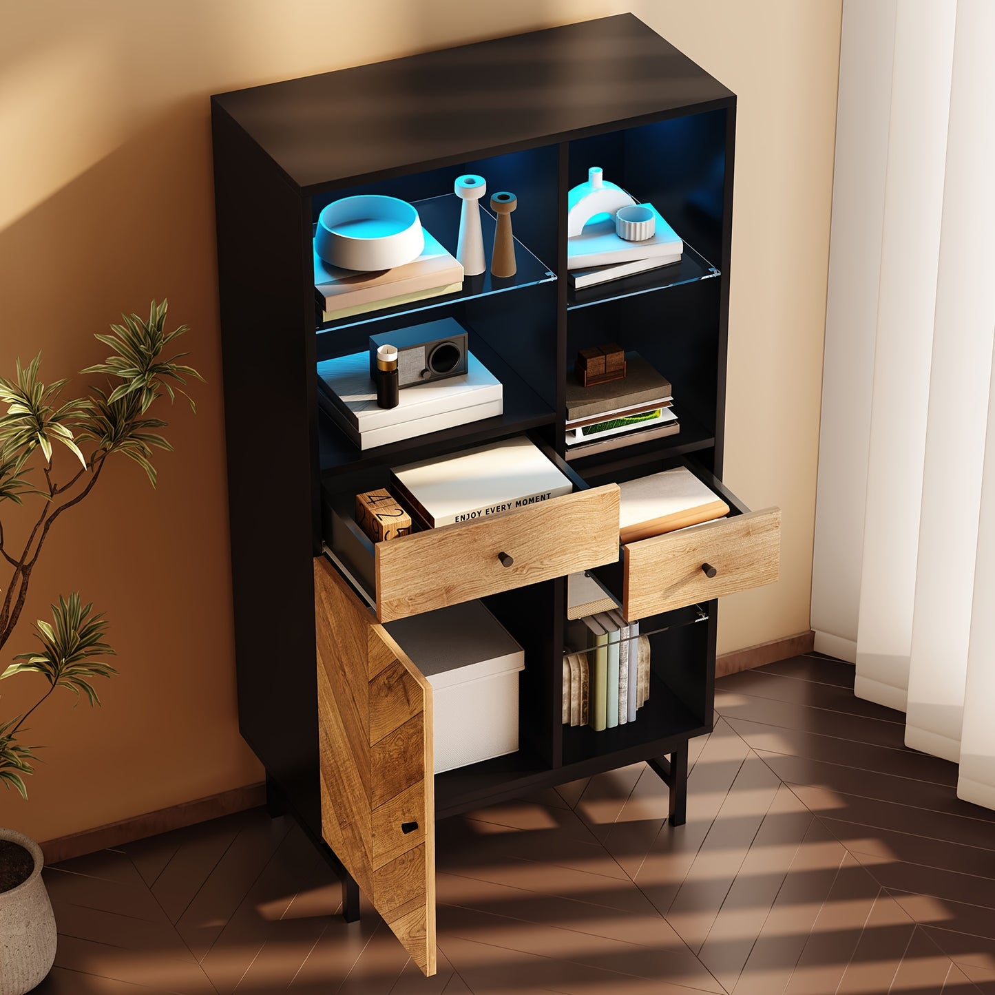 Vitrinekast – Displaykast – Opbergkast – Servieskast – Dressoir – Hout Zwart + Houtkleur – Ruime Opbergruimte – Modern Triangulair Design