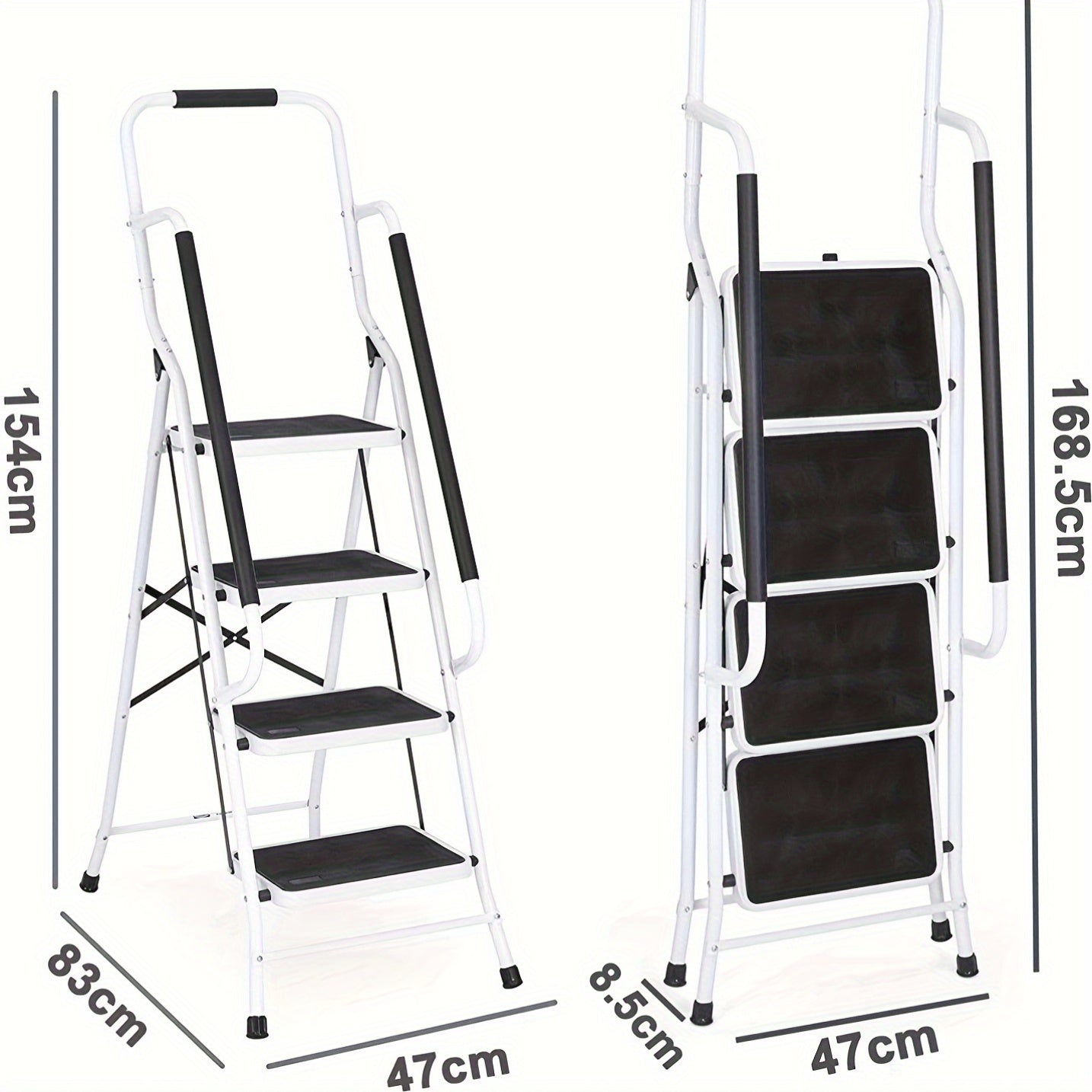 Vouwladder – Trap – Opstapje – Huishoudtrap – Inklapbare Ladder – 4 Treden – Stalen Handrail – Antislip Rubber – Max 150 kg Belastbaar