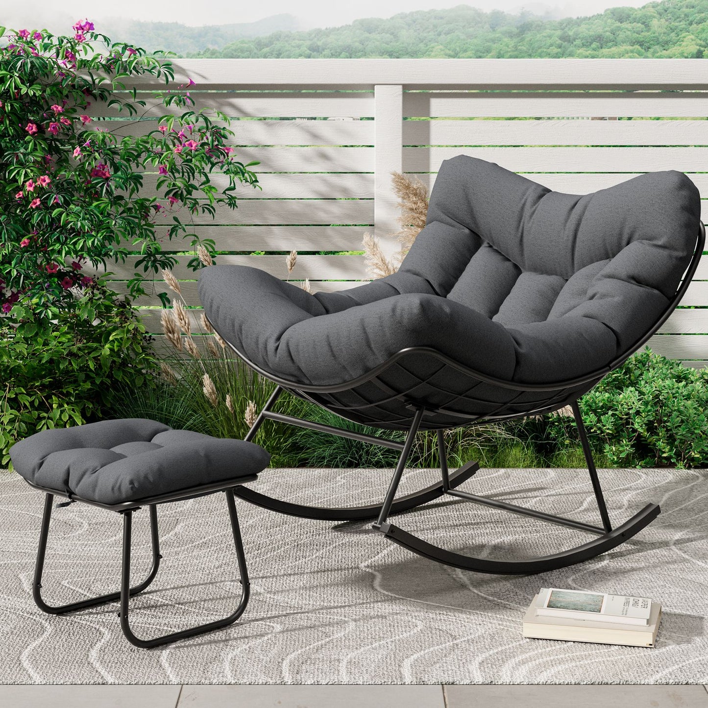 Grand Patio Outdoor Rocking Chair with Footstool | Modern Iron Frame, Polished Finish, Comfort Cushion, Spot-clean Care, Ideal for Balcony, Patio, Porch
