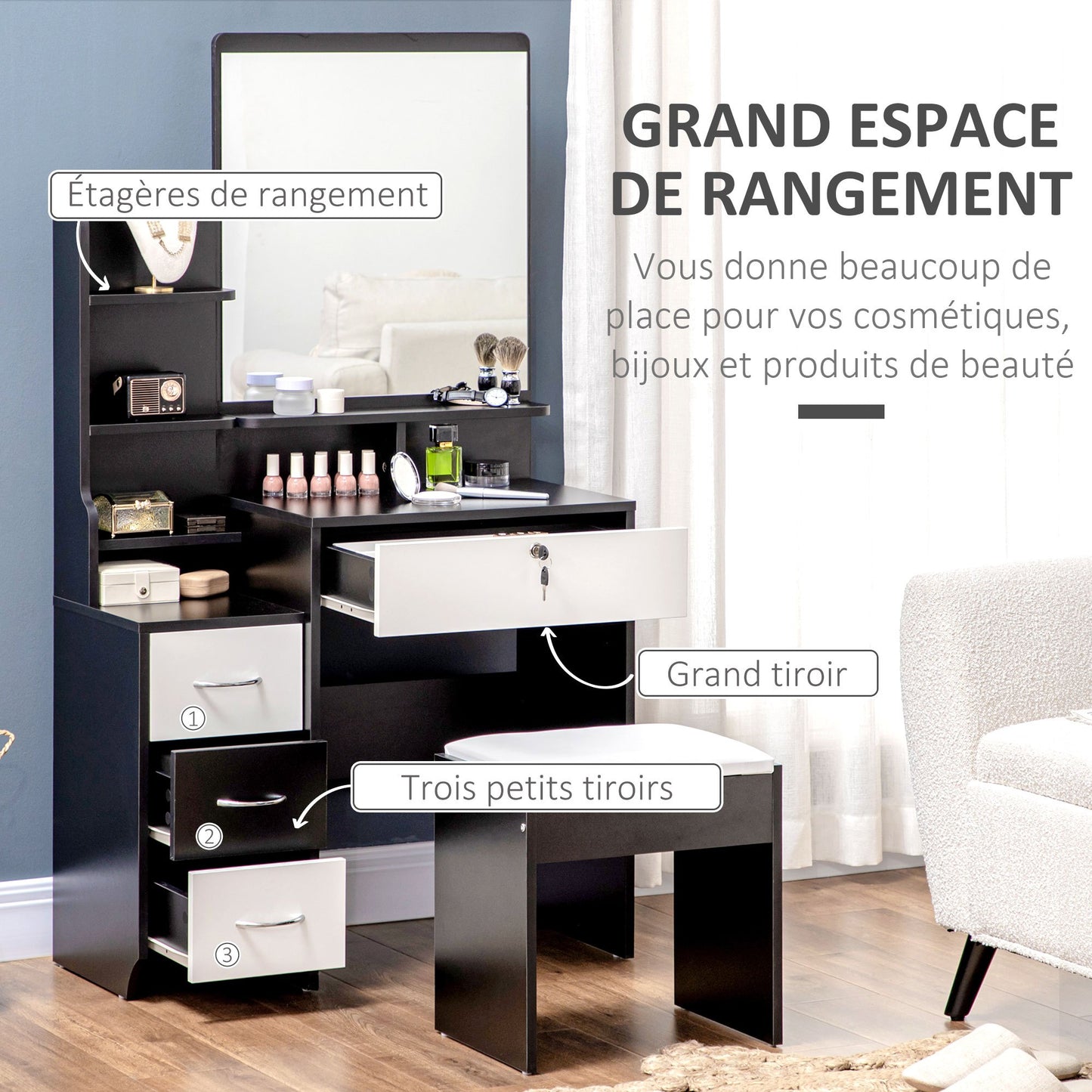 Make-up tafel – Kaptafel – Visagie tafel – Make-up meubel – Schminktafel – Grote spiegel – 4 lades en meerdere planken – Comfortabele gestoffeerde kruk – Zwart wit design