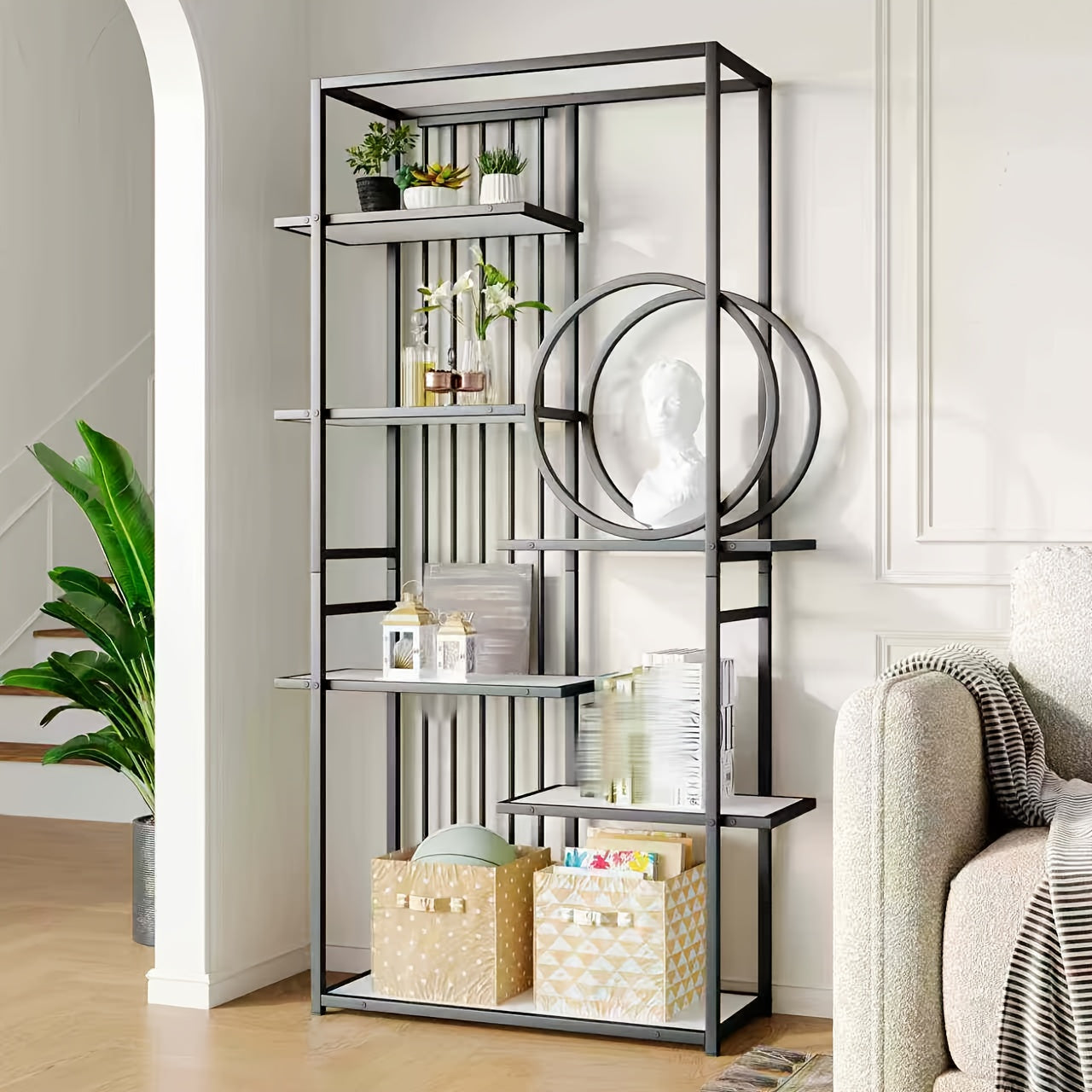 Modern Style Metal Rack, Solid Steel Tube, Geometric Structure, Multi-level Design, Round Decoration, Suitable for Interior Decoration, White + Black