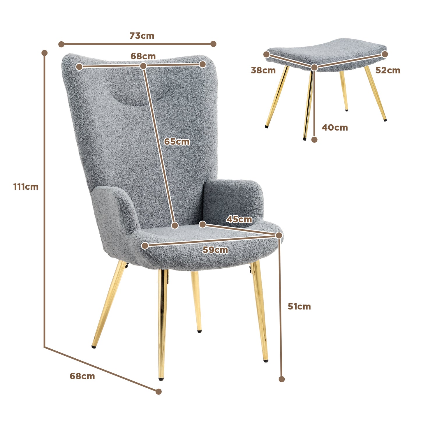 Fauteuil – Lounge Chair – Leunstoel – Relaxstoel – Zitstoel – Met Voetenbank – Ergonomische Hoog Rugleuning – Goudkleurige Metalen Pootjes – Grijs Stof – Modern Design