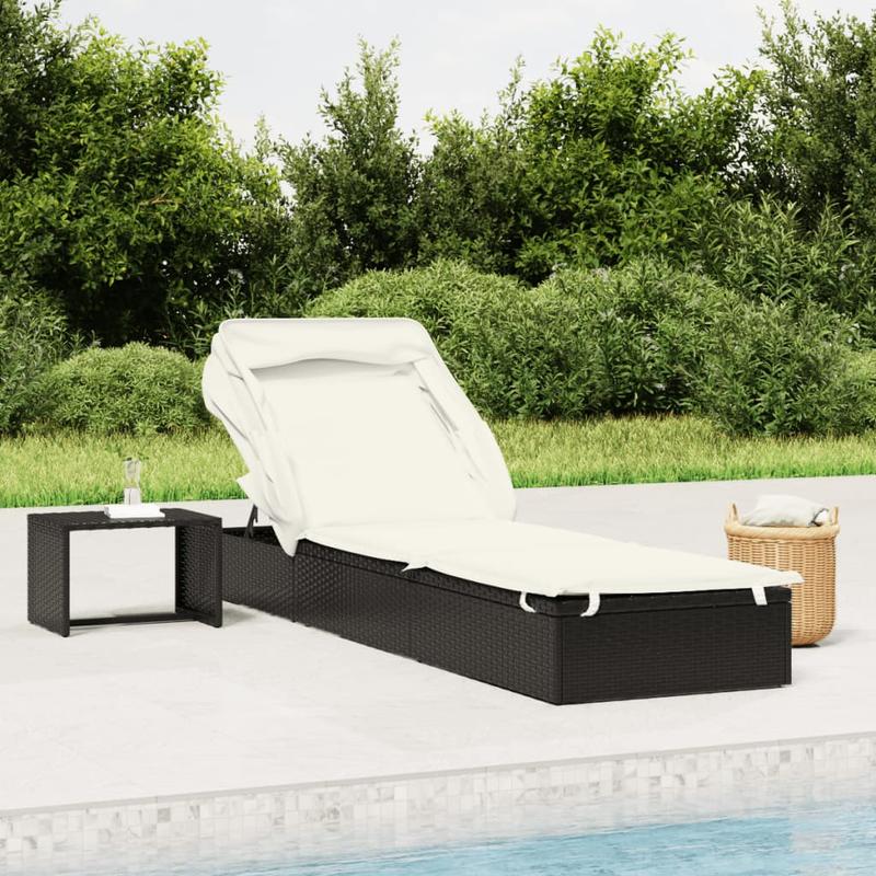 Ligstoel – Ligbed – Zonnebed – Relaxstoel – Ligbank – Zwart – Inklapbaar Zonnescherm – Weerbestendig Poly Rattan – 213x63x97 cm