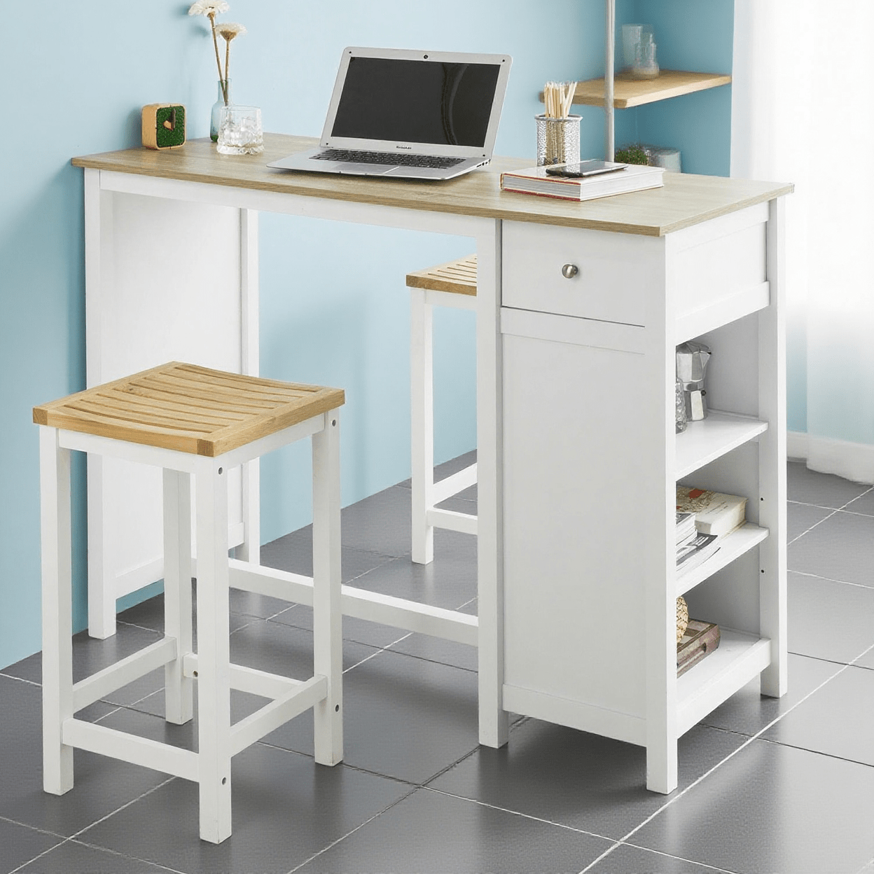 Hoge Bartafel – Barkruktafel – Keukentafel – Bartafel Met Opbergruimte – Witte Bartafel – MDF Met Melamine Coating – Afmetingen 120x55x90 cm