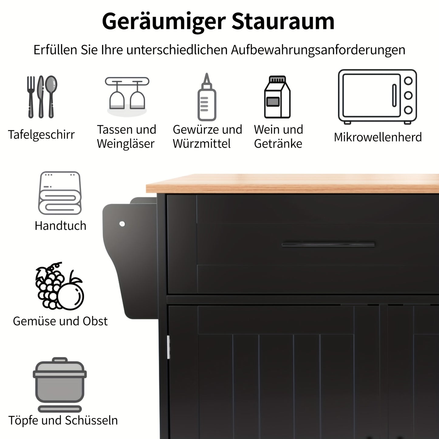 Dressoir – Sideboard – Opbergkast – Ladekast – Kastenmeubel – Zwart – Massief Houten Blad – Inklapbare Werkbank – Wieltjes – 129x46x91,5 cm