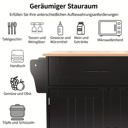 Dressoir – Sideboard – Opbergkast – Ladekast – Kastenmeubel – Zwart – Massief Houten Blad – Inklapbare Werkbank – Wieltjes – 129x46x91,5 cm
