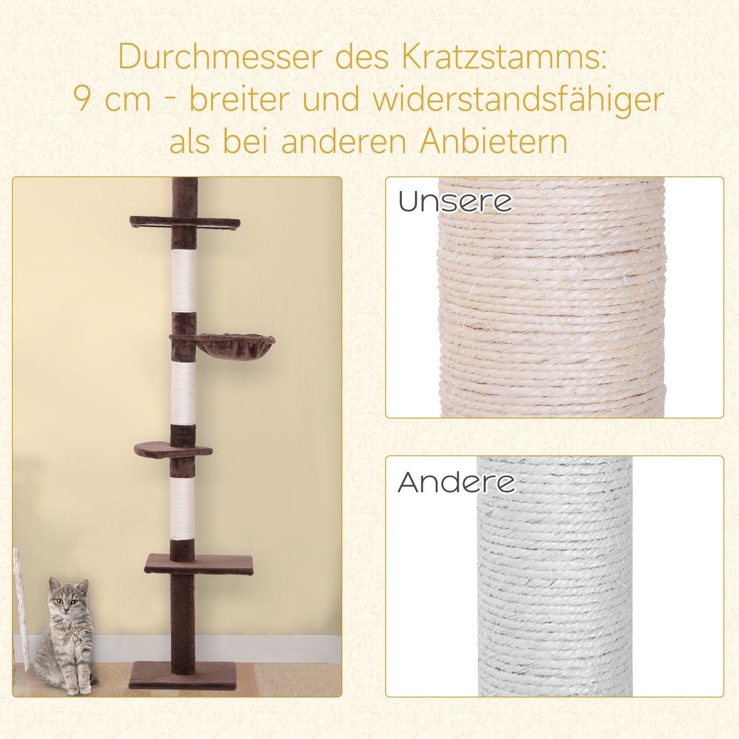 Kattenklimpaal – Krabpaal – Klimpaal – Kattenboom – Speelpaal – Bruin – Verstelbaar 230-260 cm Hoog – Sisal Krabpalen – Compact & Stevig
