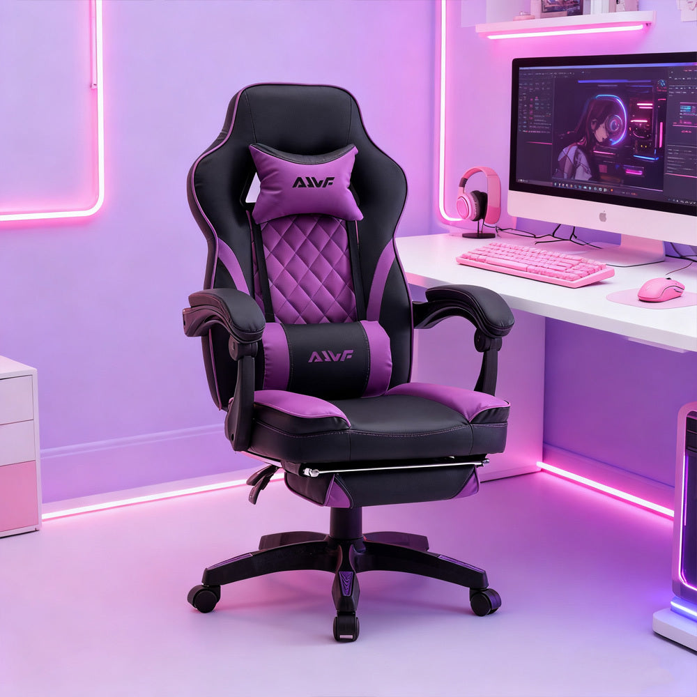 Gamestoel – Gaming Stoel – Game Chair – Gaming Chair – Bureaustoel – Ergonomisch Ontwerp – Verstelbare Hoogte & Lendensteun – Zwart/Paars