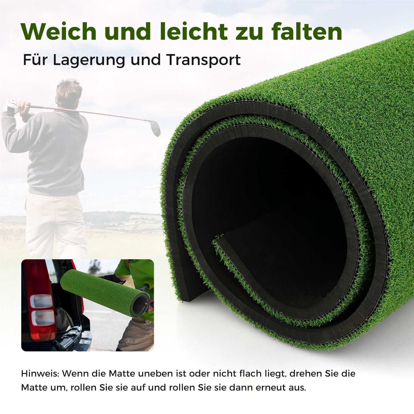 Golfmat – Golf oefenmat – Putting mat – Trainingsmat – Teemat – 6 tee-plaatsen – Inclusief 2 alignment sticks – Realistisch kunstgras – Duurzame EVA constructie – Groen – 152x117 cm